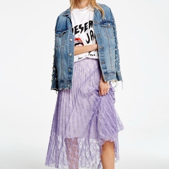 NEW Sunset & Spring Distressed Jean Jacket Oversized Pearl Embellished Denim XS - Picture 14 of 16